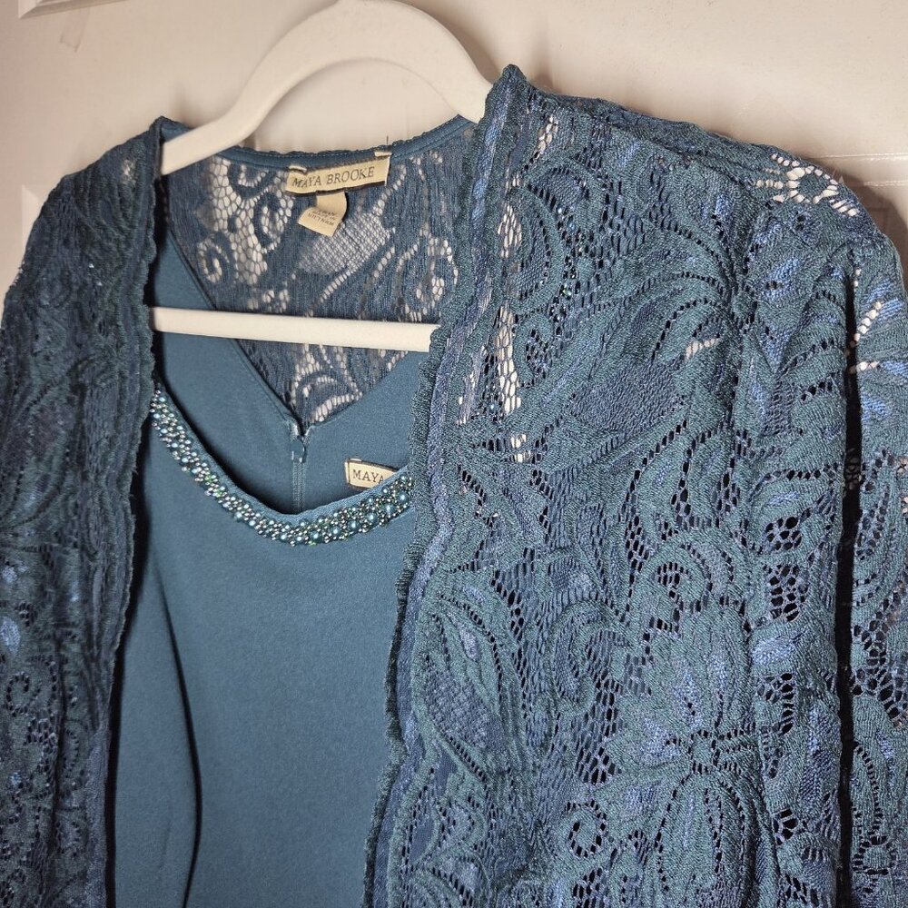 Maya Brooke Mallard Teal Green MOB Formal Midi Dress Lace Jacket/Pearls 18W NWT - Picture 11 of 13